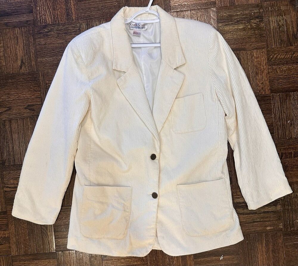 Karen Scott Ivory Corduroy Blazer Women’s Size 16 Cream Cotton Lined Jacket